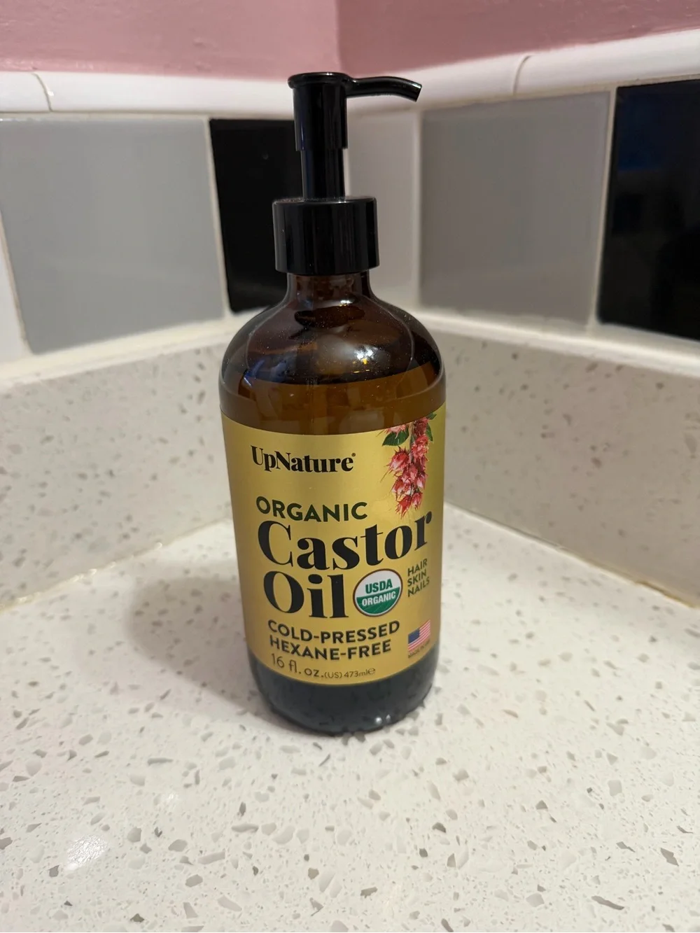 UpNature Organic Castor Oil Cold-Pressed Hexane-Free Vegan 16 fl oz Pump Glass